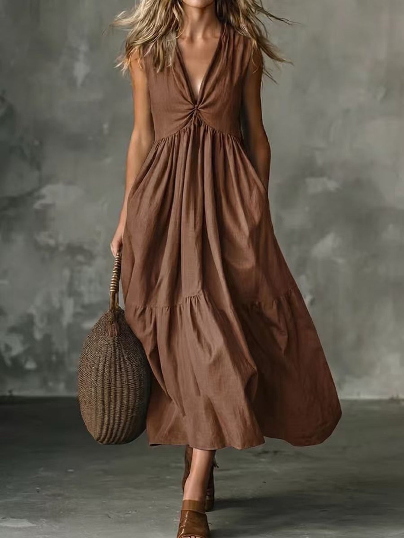Cross-Border Elegant Casual Style Pocket V-Neck Pleated Sleeveless Vest Dress