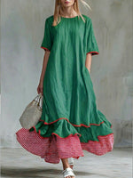 Linen Piping Stripe Ruffle Hem Loose Maxi Dress