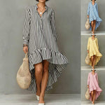 Vertical Stripe Long Sleeve Hi-Lo Ruffle Hem Shirt Midi Dress