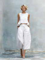 Linen Ruffle Crop Top Tie Waist Culotte Two Piece Set