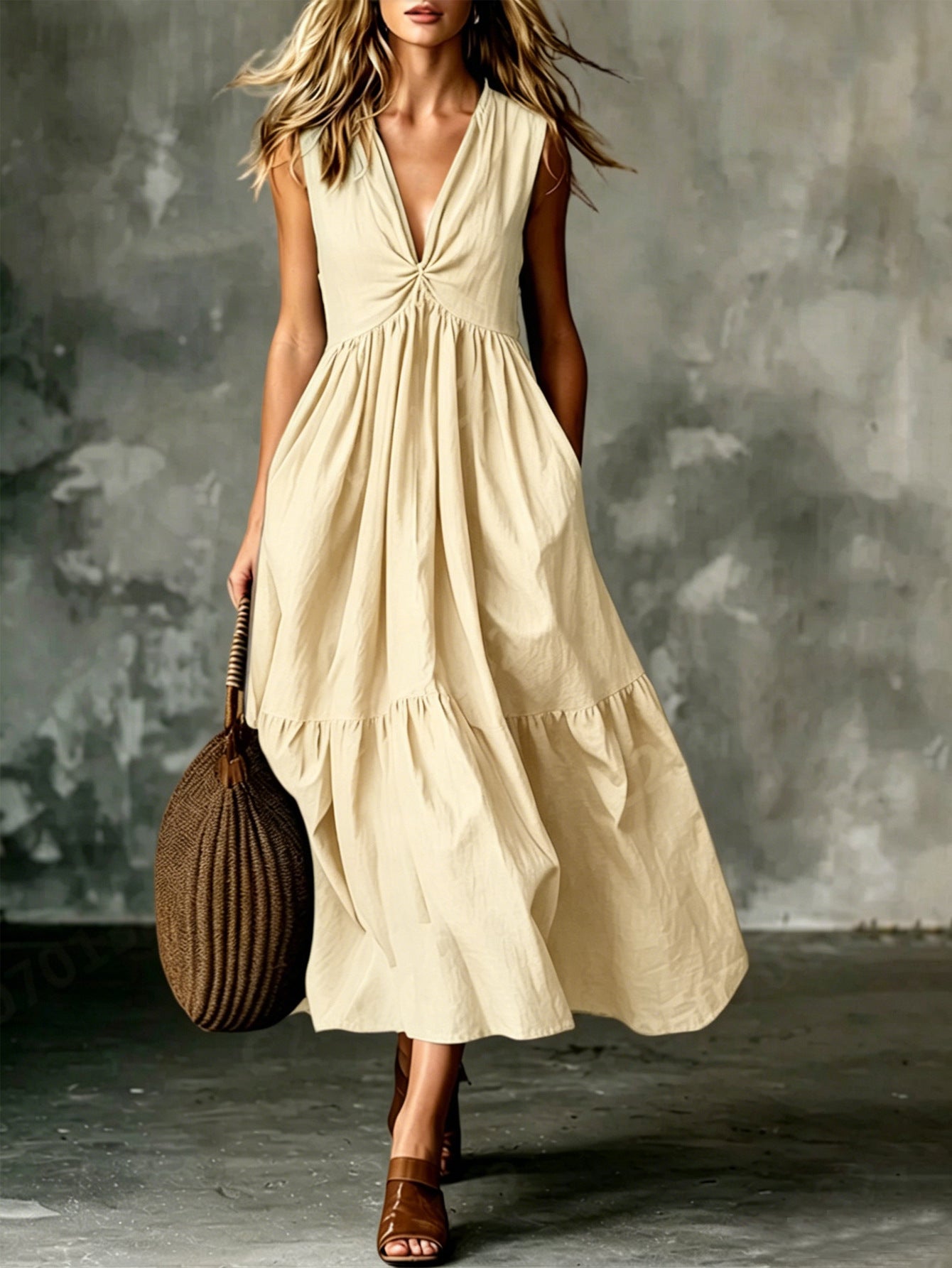 Cross-Border Elegant Casual Style Pocket V-Neck Pleated Sleeveless Vest Dress