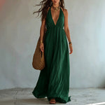Halter Deep V Gathered Empire Waist Flowy Chiffon Maxi Dress