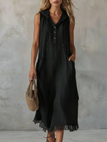 Sleeveless Collared Half Button Lace Hem Linen Midi Dress