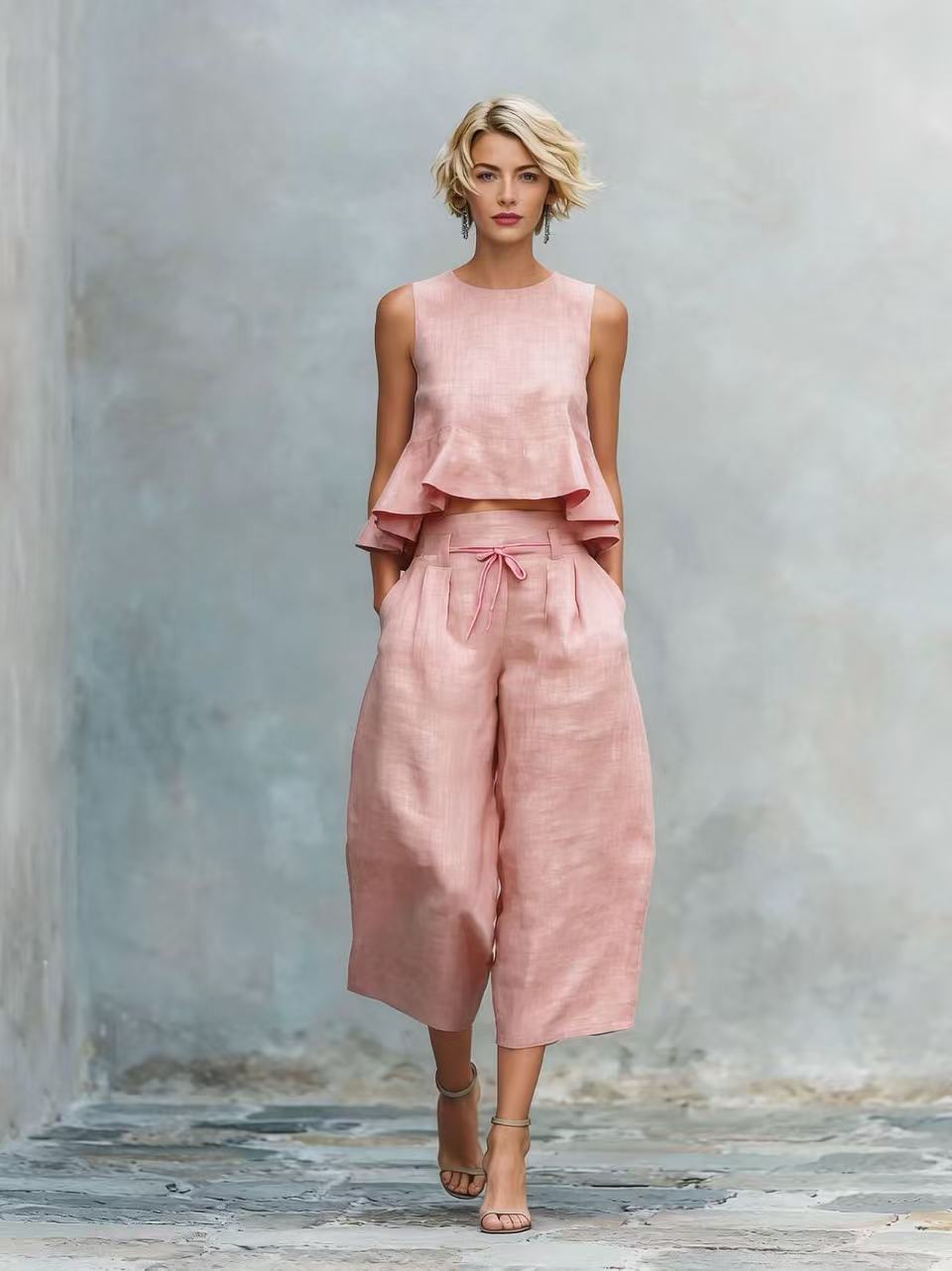 Linen Ruffle Crop Top Tie Waist Culotte Two Piece Set