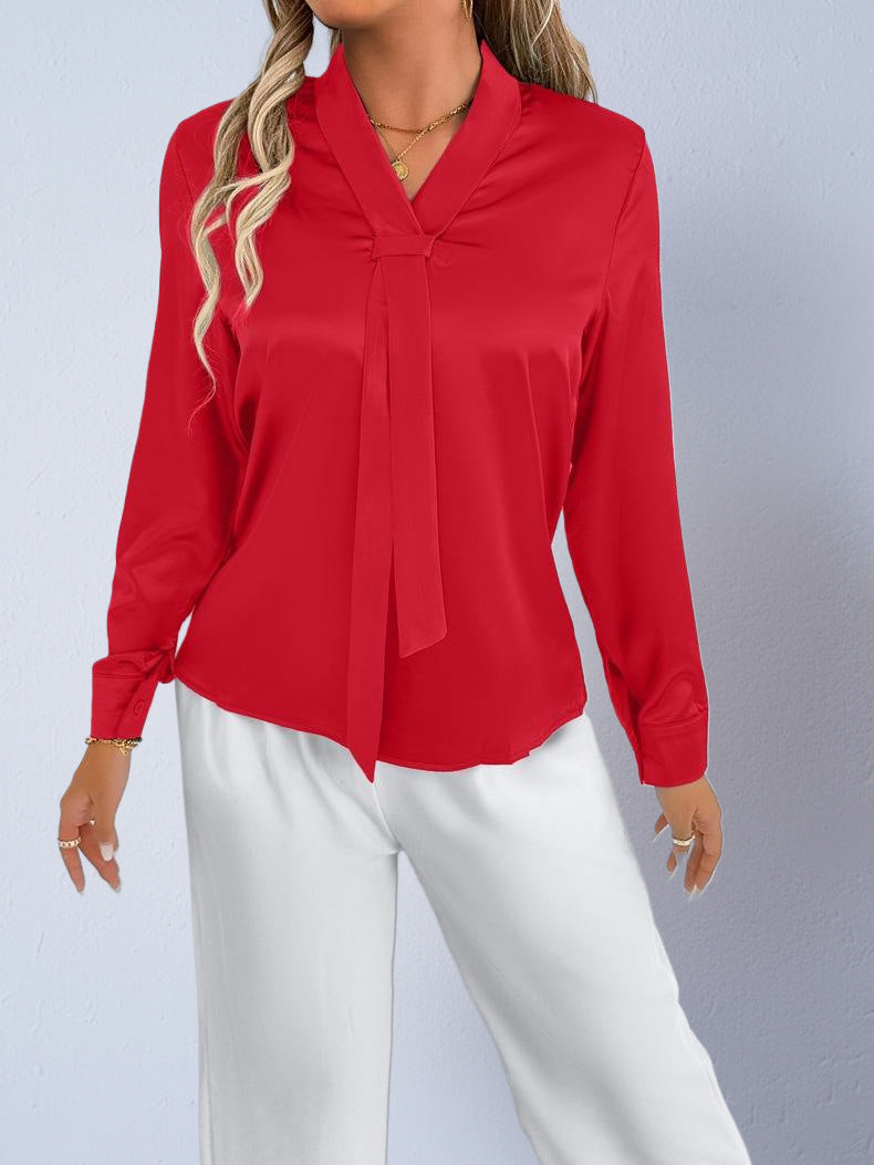 Real Shot Of Foreign Trade Women'S European And American Style Autumn And Autumn Denim Satin Shirt 25 Autumn New Product Simulated Silk White Blouse