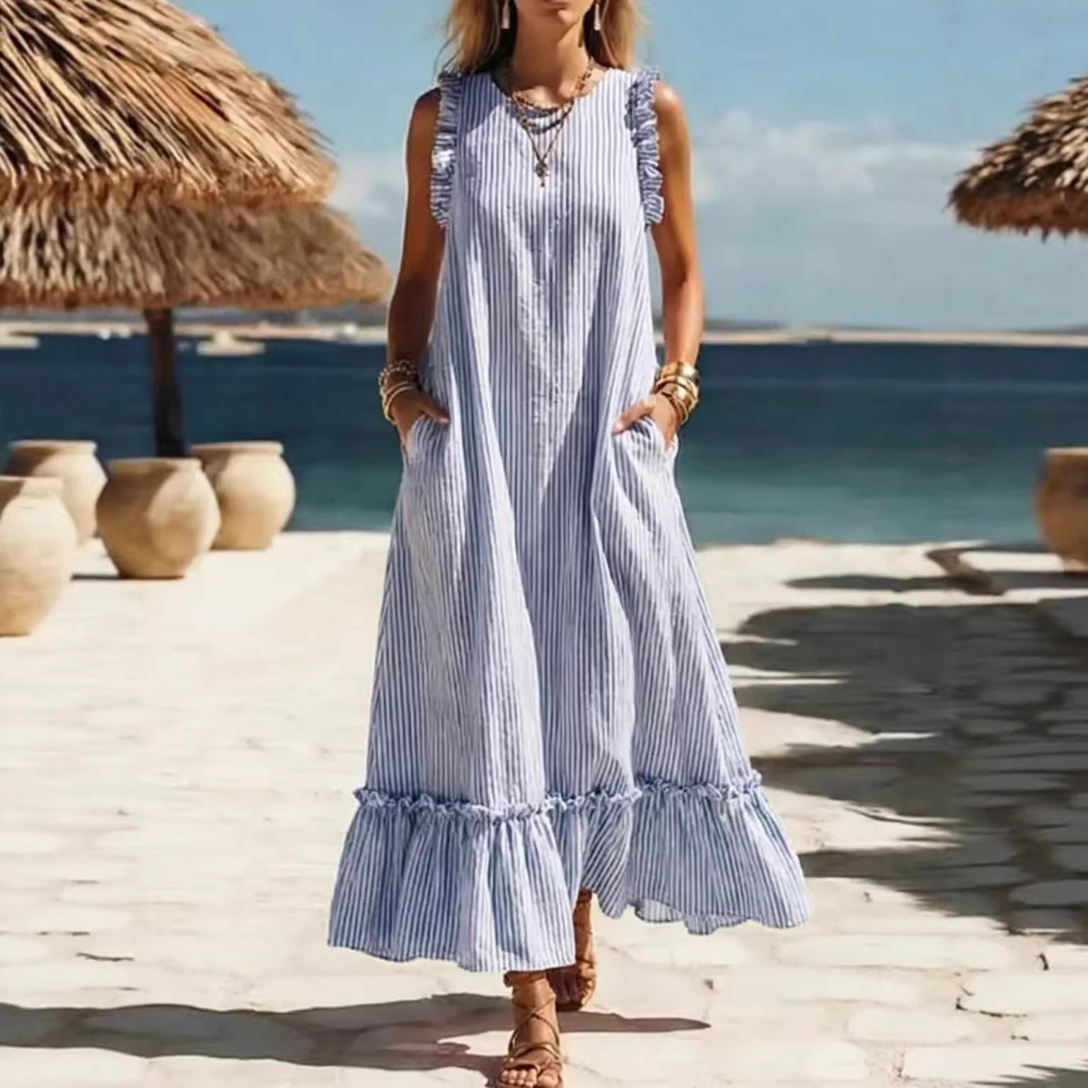 ?? Coastal Striped Ruffle Maxi Dress