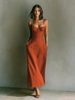 Linen Thin Strap Bustier Seamed Midi Slip Dress