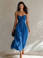 Linen Spaghetti Strap Sweetheart Ruched Bust Flowy Midi Dress