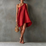 Linen One Shoulder Frayed Hem Asymmetrical Mini Swing Dress