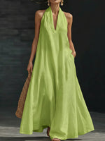 Elegant Black Halter Neck Maxi Dress ¨C Casual Loose Cotton Linen Sundress with Pockets