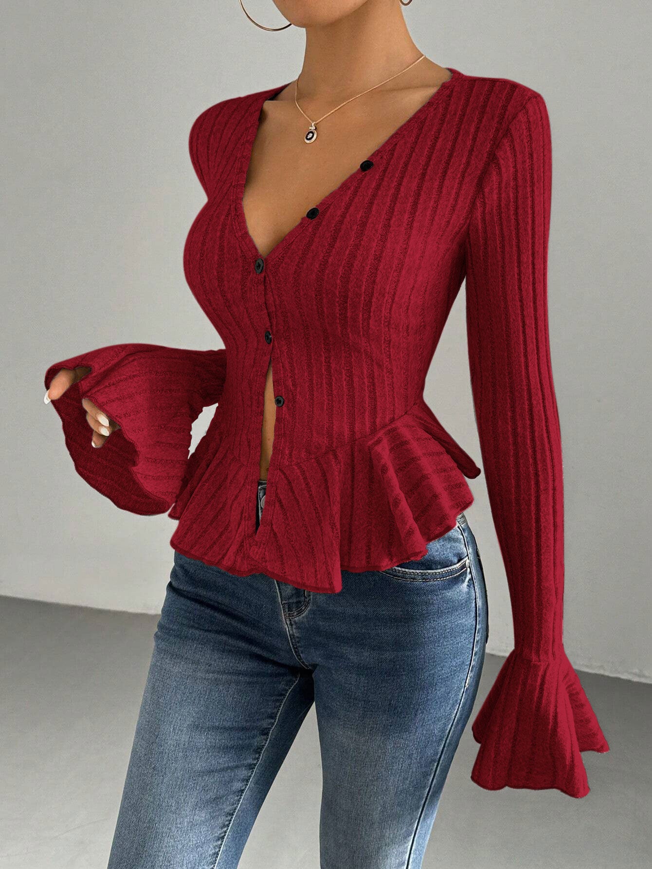 Cross-Border Women'S European And American Elegant Style T-Shirt 2026 Spring And Summer New V-Neck Ruffled Slim Temperament Fleece Top