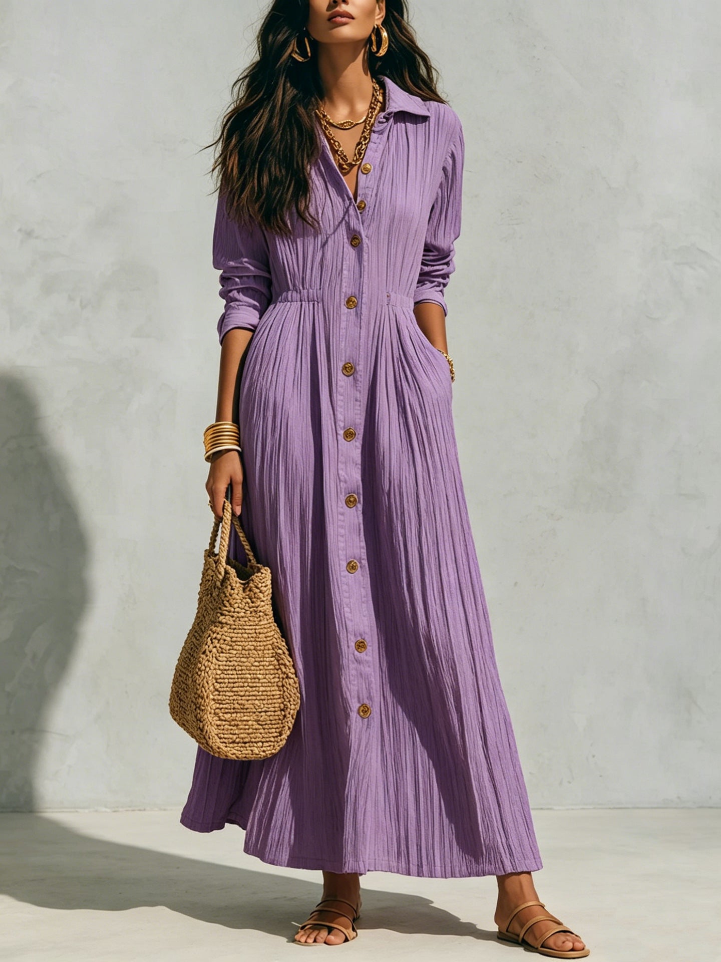 Oversized Crinkled Button Down Shirt Maxi Dress