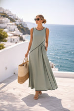 Contrast Piping Sleeveless A-Line Maxi Dress With Side Pockets