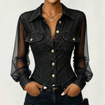 Sheer Mesh Sleeve Denim Blouse