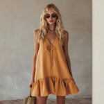 Mustard Tie Front Spaghetti Strap Linen Mini Dress
