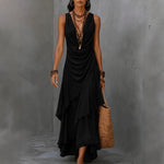 Sleeveless Draped V-Neck Asymmetrical Ruffle Maxi Dress