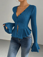 Cross-Border Women'S European And American Elegant Style T-Shirt 2026 Spring And Summer New V-Neck Ruffled Slim Temperament Fleece Top