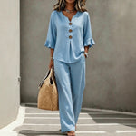 Light Blue V Neck Ruffle Sleeve Linen Two-Piece Wide Leg Pants Set