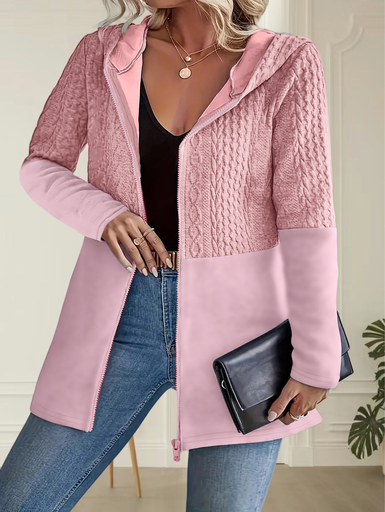 Women'S Autumn And Winter Solid Color Corrugated Stitching Casual Loose Women'S Hooded Jacket