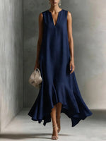 Sleeveless V-Neck Linen Midi Dress with Ruffled Hem