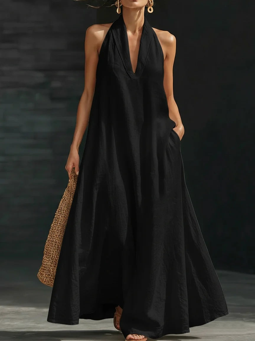 Elegant Black Halter Neck Maxi Dress ¨C Casual Loose Cotton Linen Sundress with Pockets