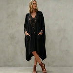 Linen Blend V-Neck 3/4 Sleeve Irregular Hem Midi Dress With Side Pockets