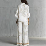 High Waist Wide Leg Pants Two Piece Set, Luxury Satin Elegant Vacation Matching Outfit