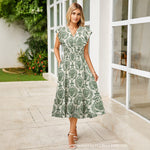 Women's V-Neck Ruffle Sleeve Midi Dress - Versatile Casual Floral/Print Dress with Pockets (6 Colors Available)