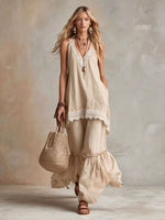 White Lace-Trim Tunic & Ruffle Pants Set