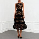 Nude Mesh Black Floral Lace Velvet Strip Sleeveless Midi Dress