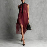 Sheer Mesh Sleeveless Tie Neck Asymmetrical Midi Dress