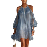 Dusty Blue Pleated Cold Shoulder Mini Dress