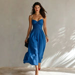 Linen Spaghetti Strap Sweetheart Ruched Bust Flowy Midi Dress