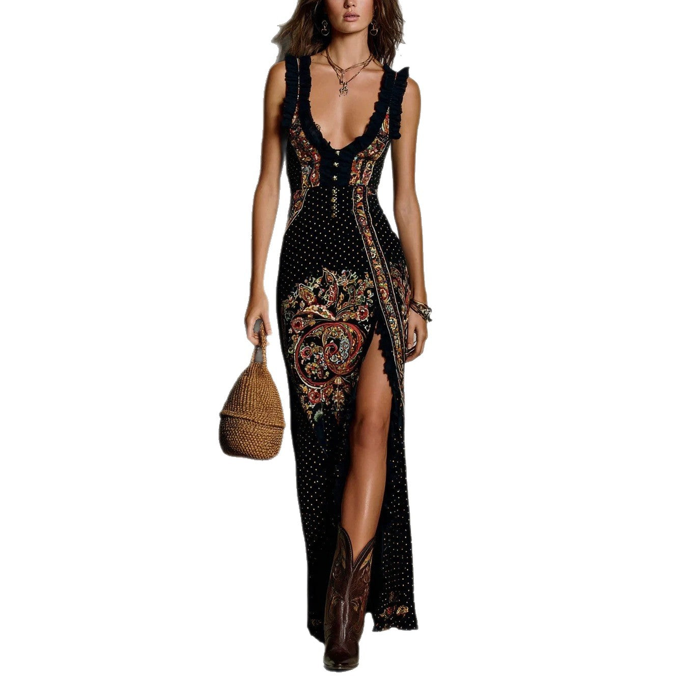 Digital Print Sleeveless Split Maxi Dress ¨C High-Waist V-Neck Long Dress for Women