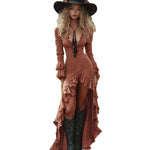 Crinkle Fabric Deep V Ruffle Long Sleeve High Low Slit Bodycon Maxi Dress
