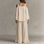 Women Solid Textured Cold Shoulder Batwing Top Elastic Waist Ruffle Wide Leg Pants Matching Set