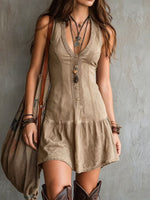 Women's Sleeveless U-neck Button Embellishments Dress