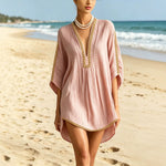 Deep V Batwing Sleeve High Low Hem Loose Beach Swim Tunic Mini Dress