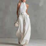 Women's White Linen-Blend Halter Wide-Leg Jumpsuit with Belt