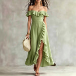 Women's Summer Cotton Off Shoulder Ruffled Ruched Flowy Maxi Dress