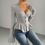 Cross-Border Women'S European And American Elegant Style T-Shirt 2026 Spring And Summer New V-Neck Ruffled Slim Temperament Fleece Top
