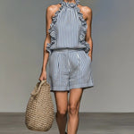 Blue White Vertical Stripe Ruffle Halter Top & High Waist Pocket Shorts 2 Piece Co-Ord Set