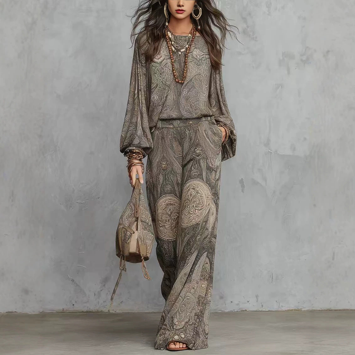 Vintage Paisley Print Long Sleeve Blouse & High Waist Wide Leg Pants 2 Piece Boho Co-Ord Set