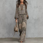 Vintage Paisley Print Long Sleeve Blouse & High Waist Wide Leg Pants 2 Piece Boho Co-Ord Set