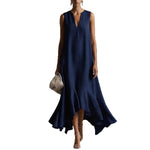 Sleeveless V-Neck Linen Midi Dress with Ruffled Hem