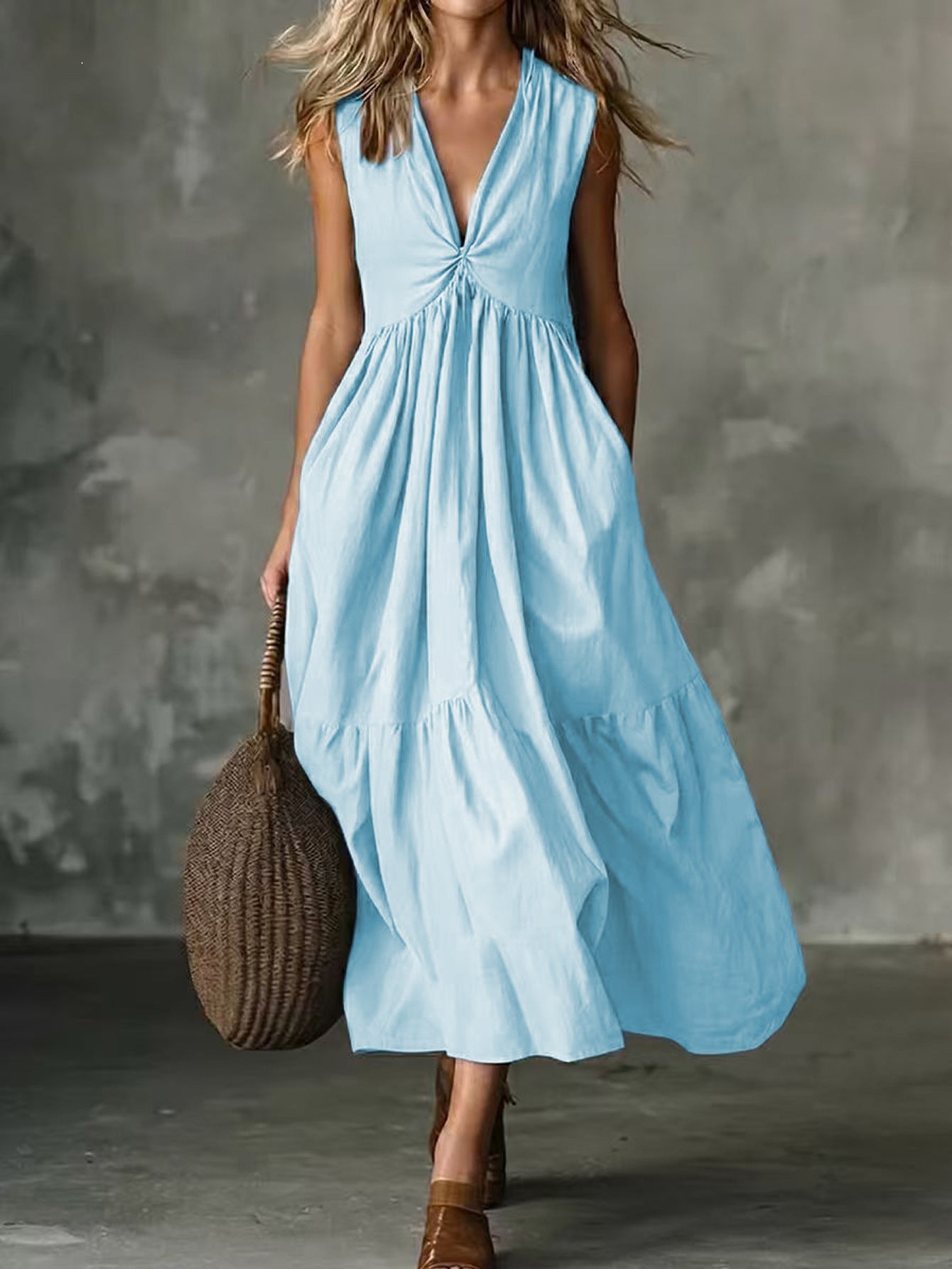 Cross-Border Elegant Casual Style Pocket V-Neck Pleated Sleeveless Vest Dress