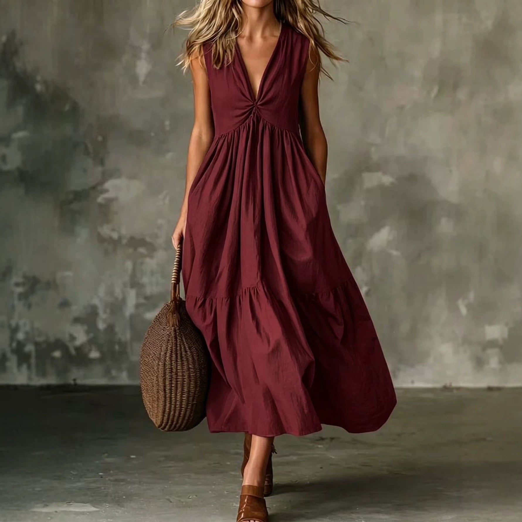 Twist Front V-Neck Sleeveless Pocket Textured Flowy Maxi Dress