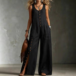 Sleeveless Button Front Side Slit Wide Leg Linen Jumpsuit