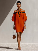 Contrast Halter Tie Off Shoulder Loose Mini Tunic Dress