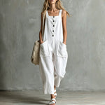Loose Linen Square Neck Sleeveless Pocket Jumpsuit Casual Overall